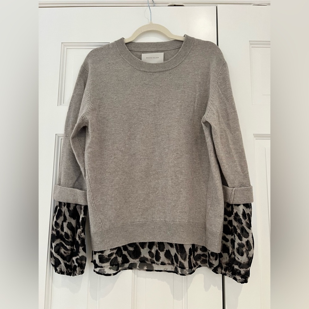Brochu Walker Beige Sweater with Silk Leopard Blouse attachment